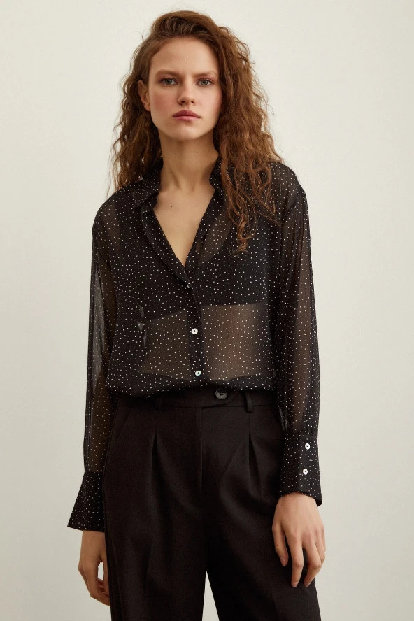 Puantiyeli Saten Gömlek Siyah - Resim 5