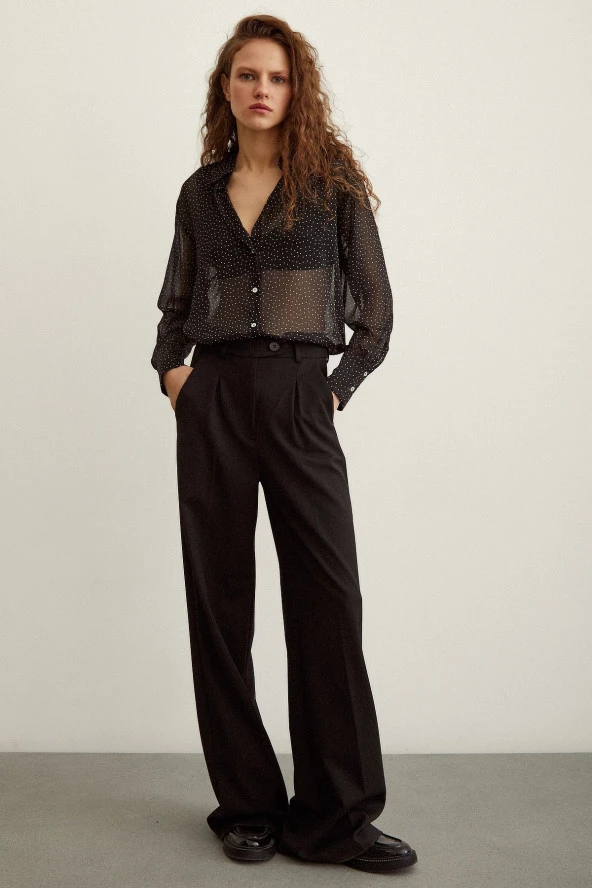 Puantiyeli Saten Gömlek Siyah - Resim 6