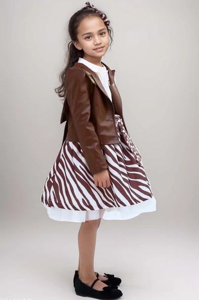 Kız Çocuk Deri Ceket ve Zebra Baskılı Saten Kahverengi Etekli Takım - 4