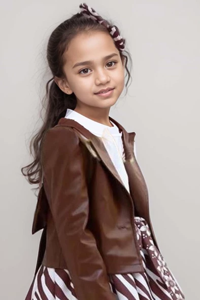 Kız Çocuk Deri Ceket ve Zebra Baskılı Saten Kahverengi Etekli Takım - 6