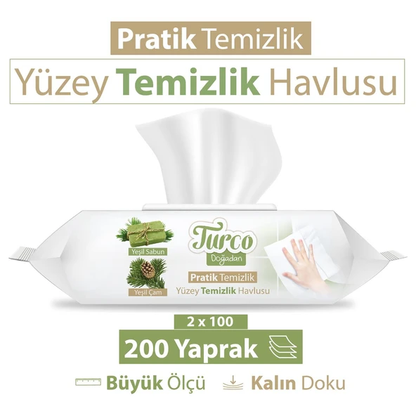 Turco Doğadan Pratik Yüzey Temizlik Havlusu 100 Yaprak Yeşil Sabun/Yeşil Çam (12 Li Set) 1200 Yaprak - 3