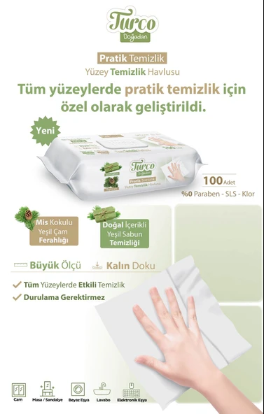 Turco Doğadan Pratik Yüzey Temizlik Havlusu 100 Yaprak Yeşil Sabun/Yeşil Çam (4 Lü Set) 400 Yaprak - 7