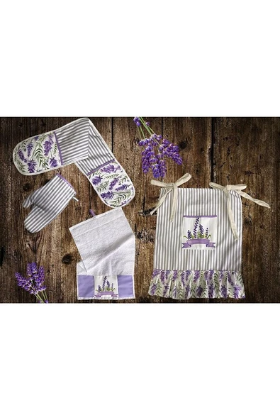 Lavanta Desen 4’lü Mutfak Seti ; Fırın Önlüğü, Fırın Eldiveni, El Havlusu Ve Tutacak Takımı