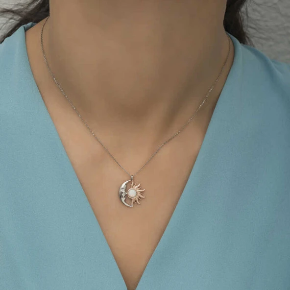 himarry 925 Ayar Gümüş Opal Beyaz Taşlı Ay Güneş Kadın Kolye - Resim 4