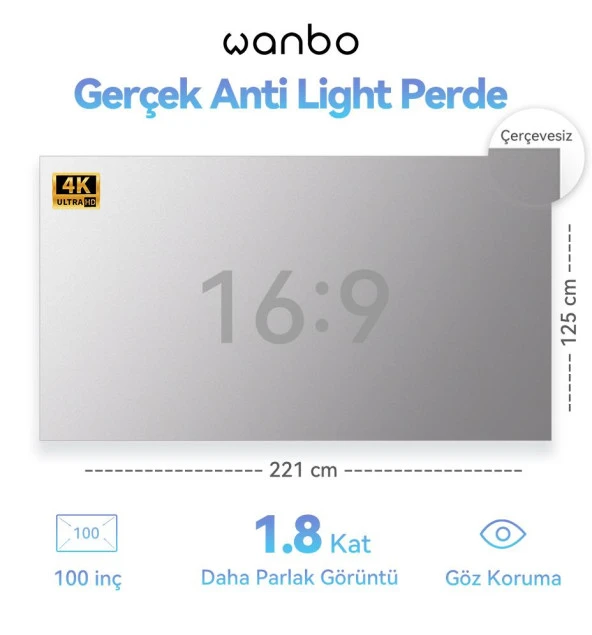 Wanbo 100 inç Anti-Light Projeksiyon Perdesi 221x125 cm