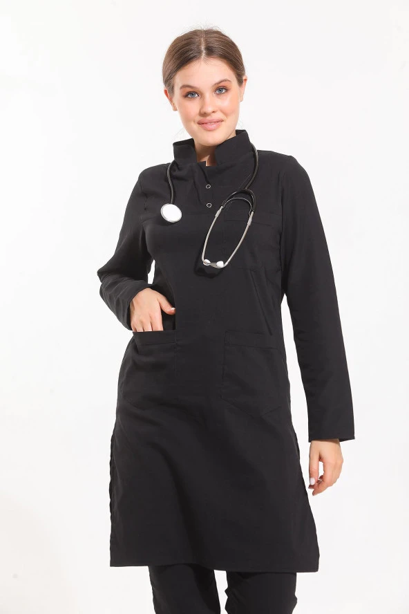 Likralı Doktor Hemşire Hastane Siyah Cerrahi Medikal Tesettür Takım Forma