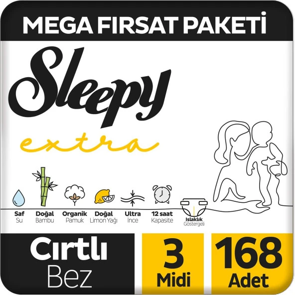 Sleepy Extra Günlük Aktivite Mega Fırsat Paketi Bebek Bezi 3 Numara Midi 168 Adet