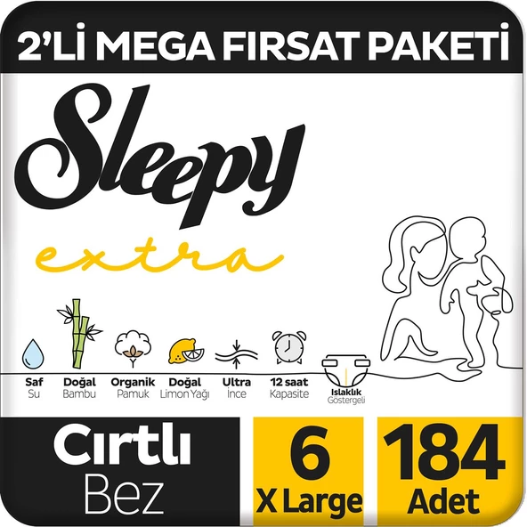 Sleepy Extra Günlük Aktivite 2'li Mega Fırsat Paketi Bebek Bezi 6 Numara Xlarge 184 Adet