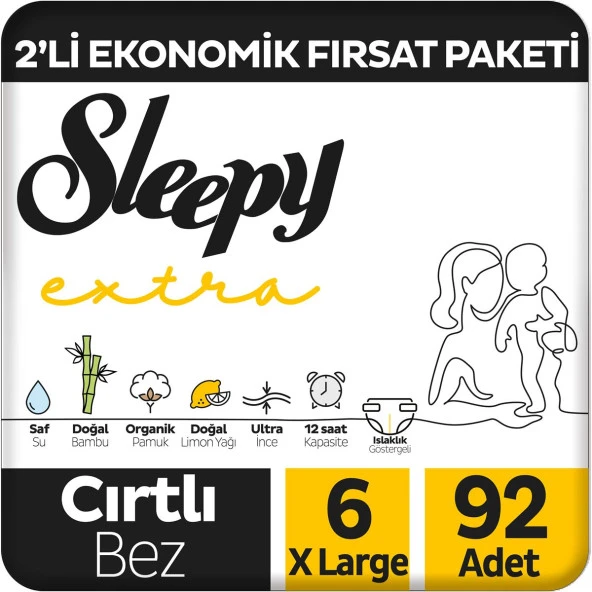 Sleepy Extra Günlük Aktivite 2'li Ekonomik Fırsat Paketi Bebek Bezi 6 Numara Xlarge 92 Adet