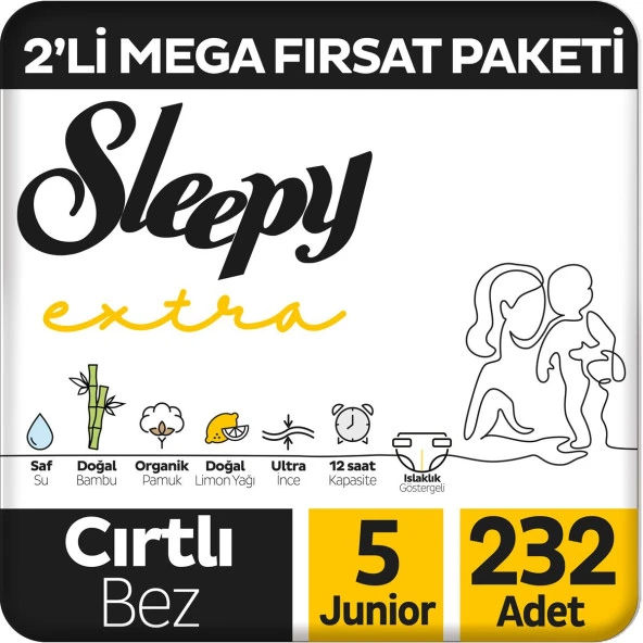Sleepy Extra Günlük Aktivite 2'li Mega Fırsat Paketi Bebek Bezi 5 Numara Junior 232 Adet