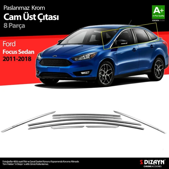 Ford Focus 3 için Sedan Krom Cam Üst Çıtası 8 Parça 2011-2018