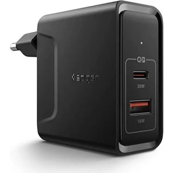 Spigen Steadiboost 48W Hızlı Şarj Cihazı (USB-C PD 3.0 30W + Quick Charge 3.0 18W) iPhone / Android / Macbook Şarj Adaptörü Black F211 - 000AD24973