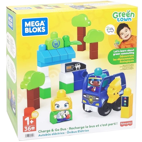 Mega Bloks Doğa Dostu Otobüs Seti, yürüme çağındaki çocuklar için yapı oyuncakları HDX90