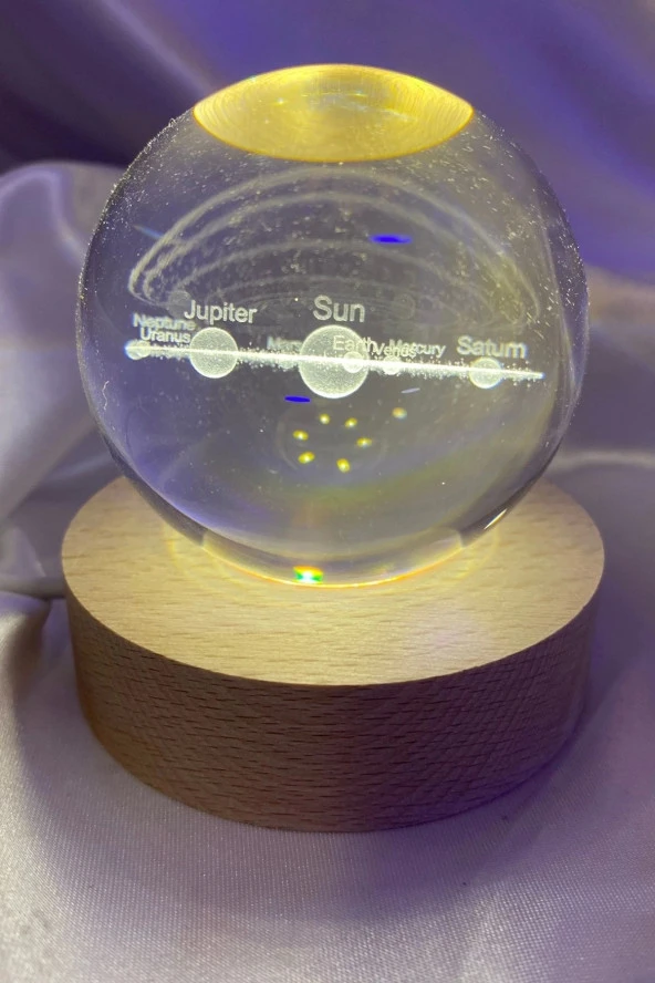 3D Led Işık Cam Küre Tek Renk Günışığı Ahşap Samanyolu Güneş Sistemi 6 cm - 4