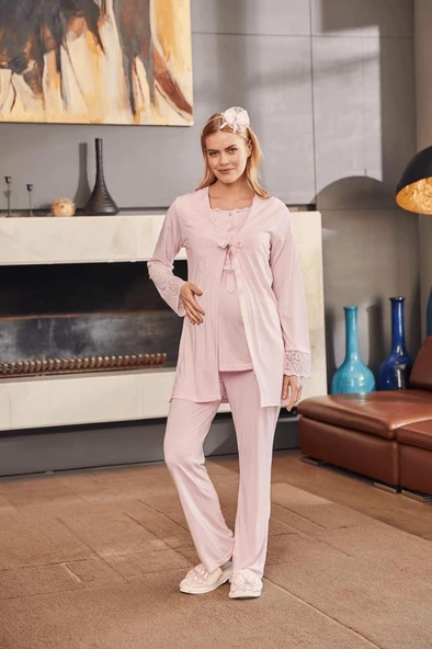 Mecit 5002  Pudra Hamile Lohusa 3 Lü Pijama Sabahlık Tk - 3