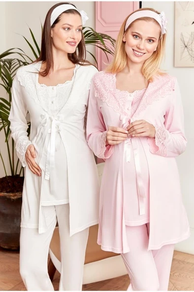 Mecit 5002  Pudra Hamile Lohusa 3 Lü Pijama Sabahlık Tk - 2