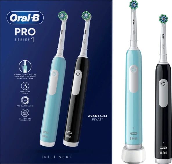Oral-B Pro Series 1 İkili Paket, Siyah ve Mavi e 2 Diş Fırçası Başlığı, Brau