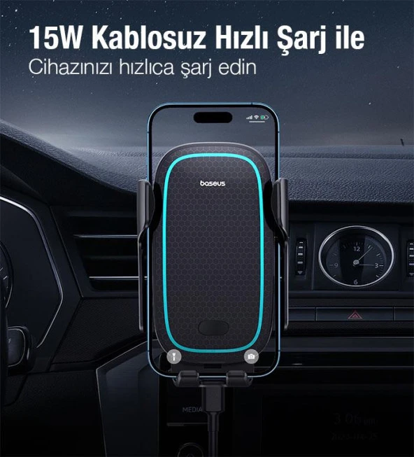 Baseus Super Araç Şarjı Led Işıklı Otomatik Kilitleme Kablosuz 15W Araç Şarjı Araç Telefon Tutucu - 2