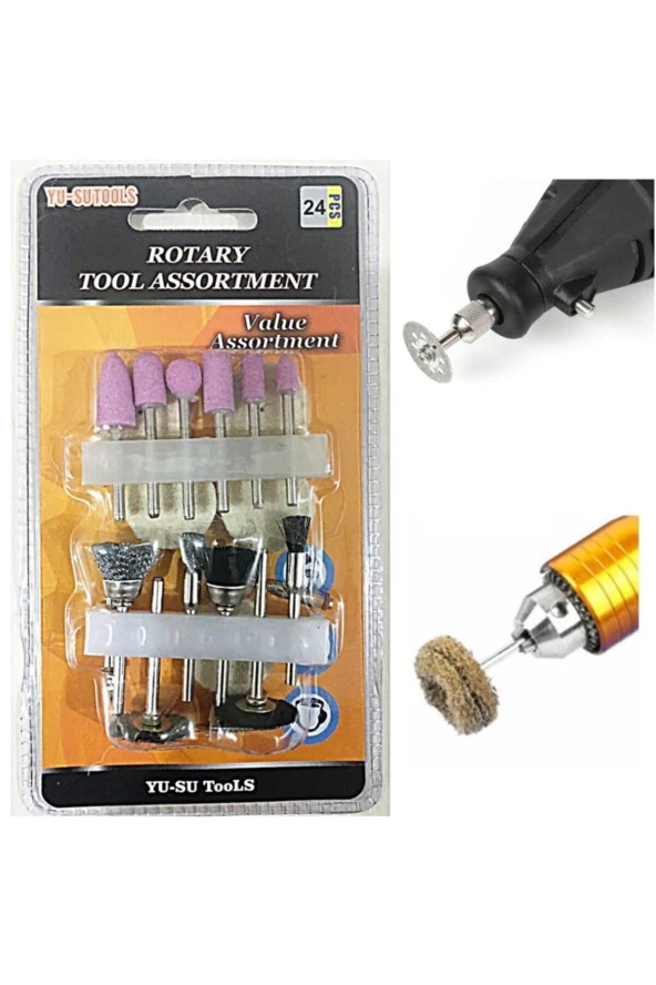 24 Adet Mini Taşlama Zımparalama Fırçalama Seti Dremel Gravür Set