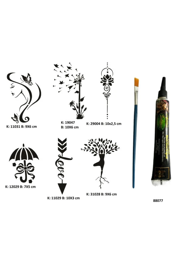 Zarif Kadın Tüp Kına ve Fırça hediyeli Tattoo Geçici Dövme Seti
