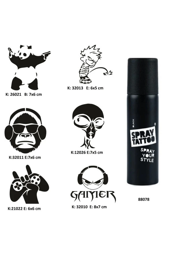 Çılgın Oyuncu Spray Tattoo Geçici Dövme Seti Dark Sprey Dövme Kiti
