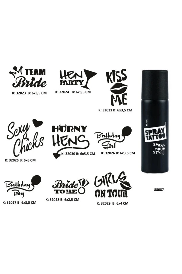 Parti ve Bekarlığa Veda Serisi Spray Tattoo Geçici Dövme Seti Dark Sprey Dövme Kiti