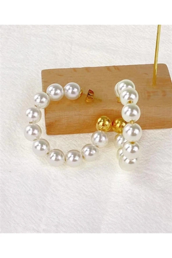Gold Çelik Halka Inci Küpe