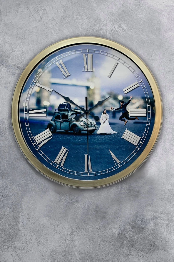 Platin Saat Eskitme Metal Gelin Damat Duvar Saati 40 cm