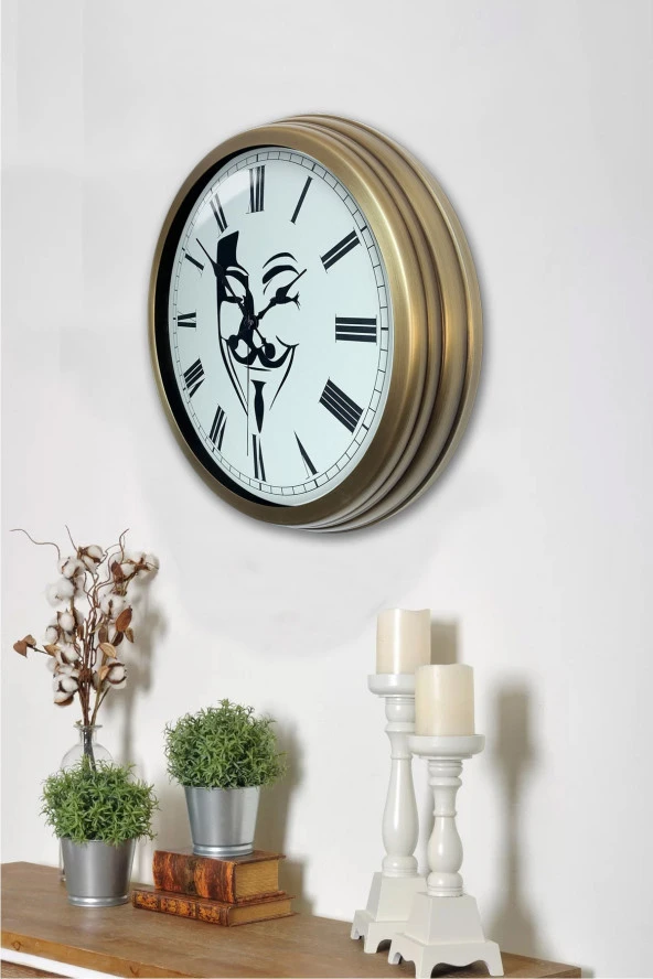 Hediyelik 40 Cm Eskitme Metal Maske Duvar Saati