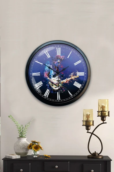 AİB STORE Hediyelik 40 Cm Siyah Metal Gitarist Duvar Saati - 4