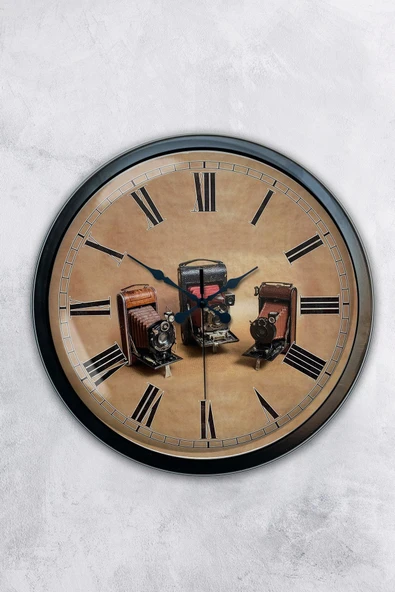 AİB STORE 40 Cm Siyah Metal Fotoğraf Makinası Duvar Saati