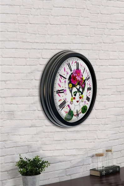 AİB STORE Hediyelik 40 Cm Siyah Metal Flowers Duvar Saati - 2