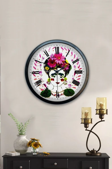 AİB STORE Hediyelik 40 Cm Siyah Metal Flowers Duvar Saati - 4