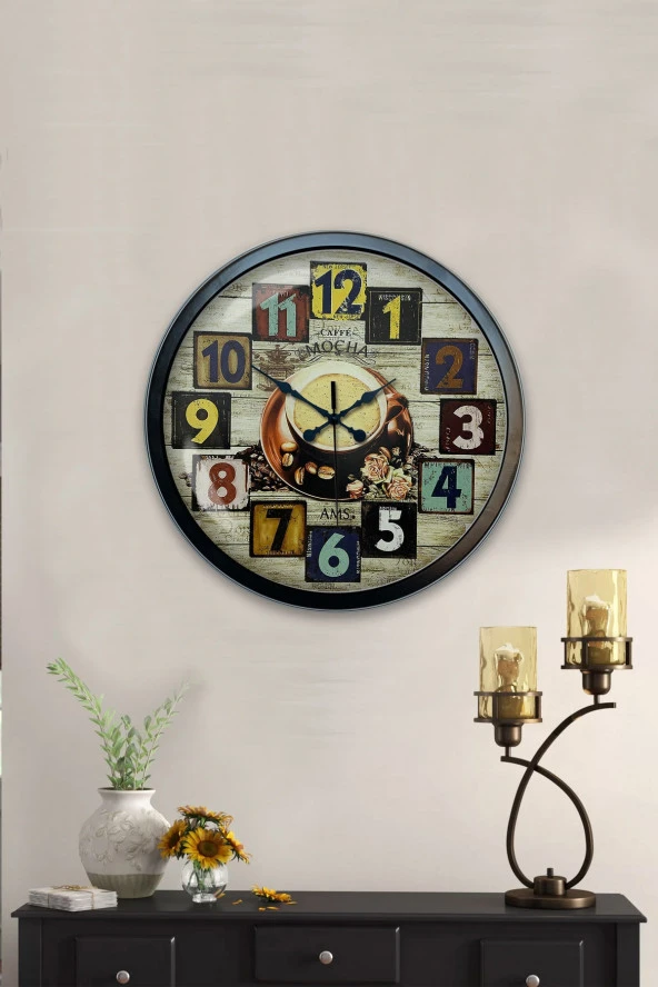 40 Cm Siyah Metal Kahve Duvar Saati