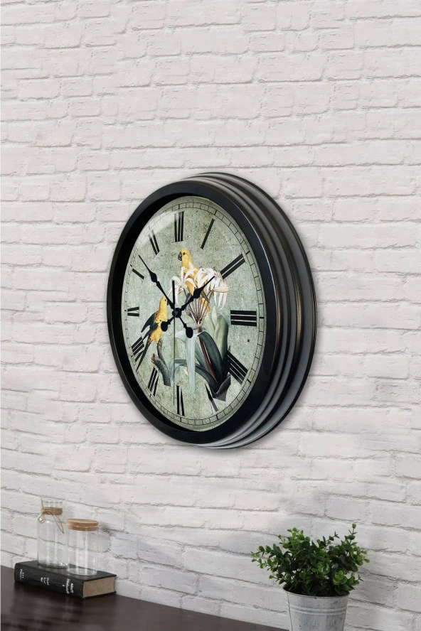 Hediyelik 40 Cm Siyah Metal Kuşlar Duvar Saati