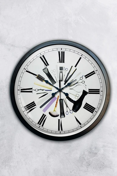 AİB STORE Hediyelik 40 Cm Siyah Metal Kuaför Duvar Saati