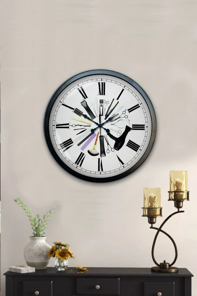 AİB STORE Hediyelik 40 Cm Siyah Metal Kuaför Duvar Saati - 4