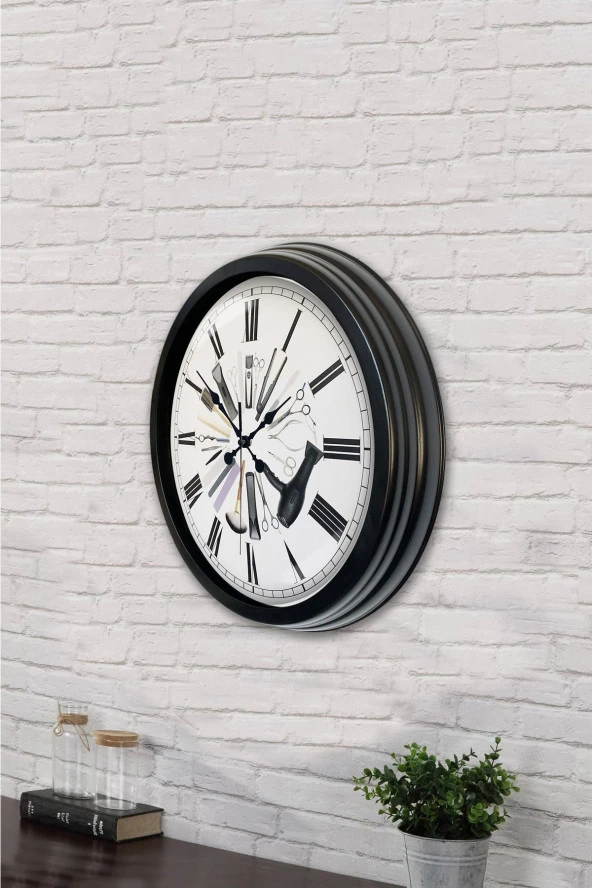 Hediyelik 40 Cm Siyah Metal Kuaför Duvar Saati