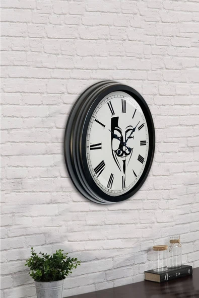 AİB STORE Hediyelik 40 Cm Siyah Metal Maske Duvar Saati - 4