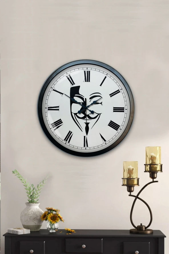 AİB STORE Hediyelik 40 Cm Siyah Metal Maske Duvar Saati - 2