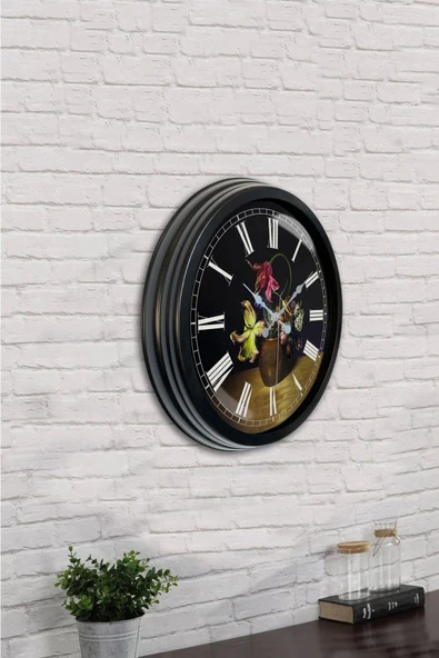 AİB STORE 40 Cm Siyah Metal Vazolu Çiçek Duvar Saati - 4