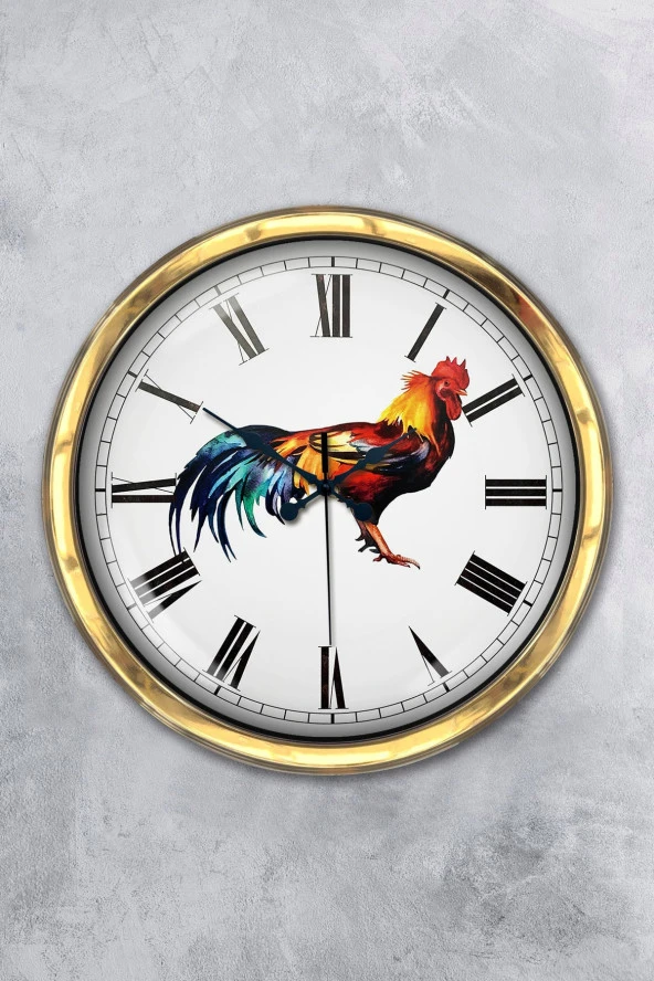 Hediye 40 Cm Gold Metal Horoz Duvar Saati Clock