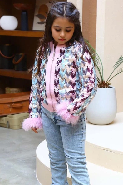 Kız Çocuk Pulpayet ve Kol Uçları Tüy Detaylı Ceket, Denim Pantolonlu, Pembe Alt Üst Takım - Resim 10