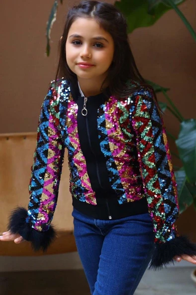 Kız Çocuk Pulpayet ve Kol Uçları Tüy Detaylı Ceket, Denim Pantolonlu, Siyah Alt Üst Takım - Resim 8