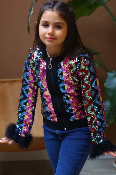 Kız Çocuk Pulpayet ve Kol Uçları Tüy Detaylı Ceket, Denim Pantolonlu, Siyah Alt Üst Takım - Resim 3