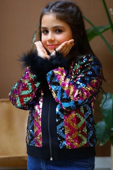 Kız Çocuk Pulpayet ve Kol Uçları Tüy Detaylı Ceket, Denim Pantolonlu, Siyah Alt Üst Takım - Resim 9