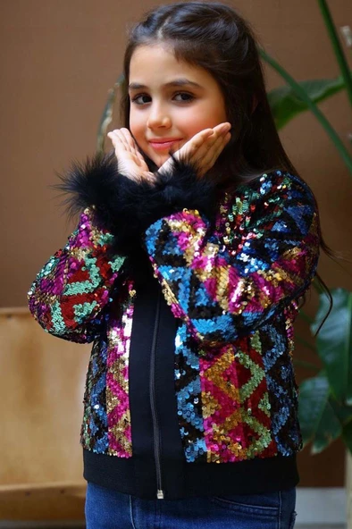 Kız Çocuk Pulpayet ve Kol Uçları Tüy Detaylı Ceket, Denim Pantolonlu, Siyah Alt Üst Takım - Resim 4