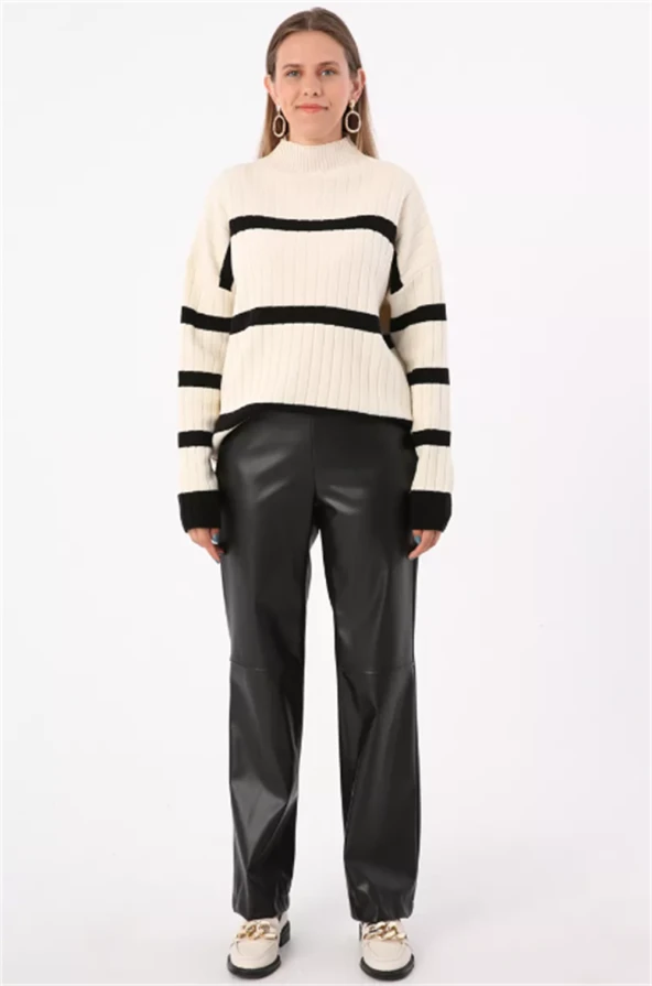 Dikiş Detaylı Deri Pantolon 77066Siyah - Resim 2