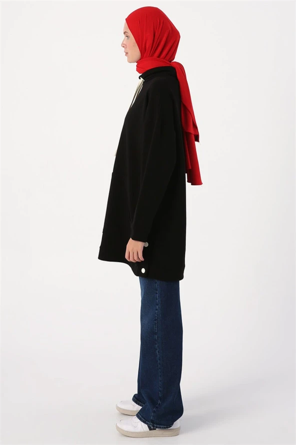 Oversize Geniş Yakalı Çıtçıtlı Yırtmaçlı Sweat Tunik