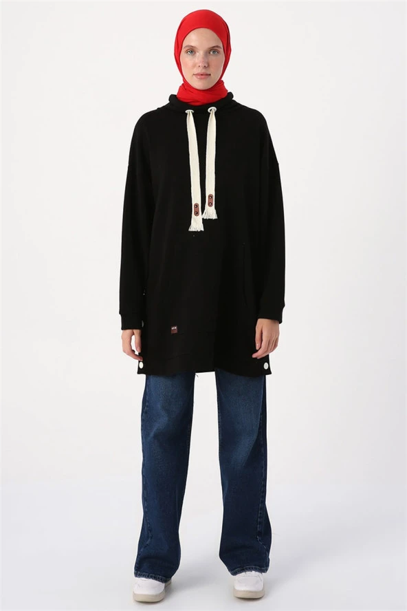 Oversize Geniş Yakalı Çıtçıtlı Yırtmaçlı Sweat Tunik - Resim 9